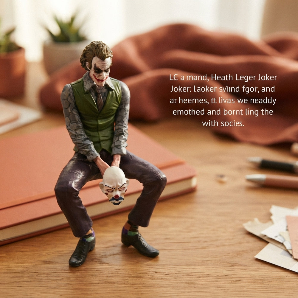 A small Joker action figure sitting on a wooden desk surrounded by terracotta and burnt sienna colored office supplies.